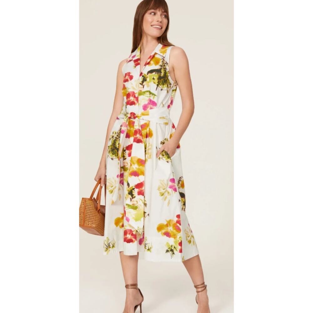 Natori Takeda Sleeveless cotton white floral Halter Midi Dress L